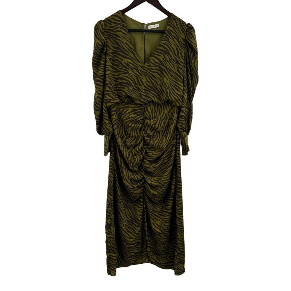 Moon River Anthropologie Tiger Animal Stripe Ruched Green Midi Size M Estimated - Picture 4 of 12